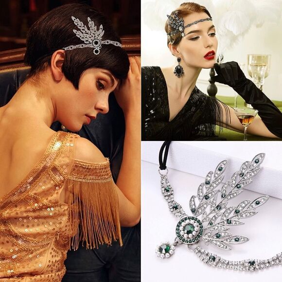 ✨ NWT Art Deco 1920’s Gatsby Flapper Green Crystal Rhinestone & Pearl, Silver - Picture 1 of 4